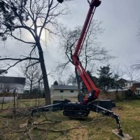 Tree removal equipment in action, clearing branches and preparing land for lot clearing services in residential area, showcasing professional equipment used by FT Tree Service.