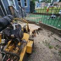 Stump grinding equipment in action, showcasing professional-grade grinder removing tree stump from yard, with surrounding debris and property fence visible.